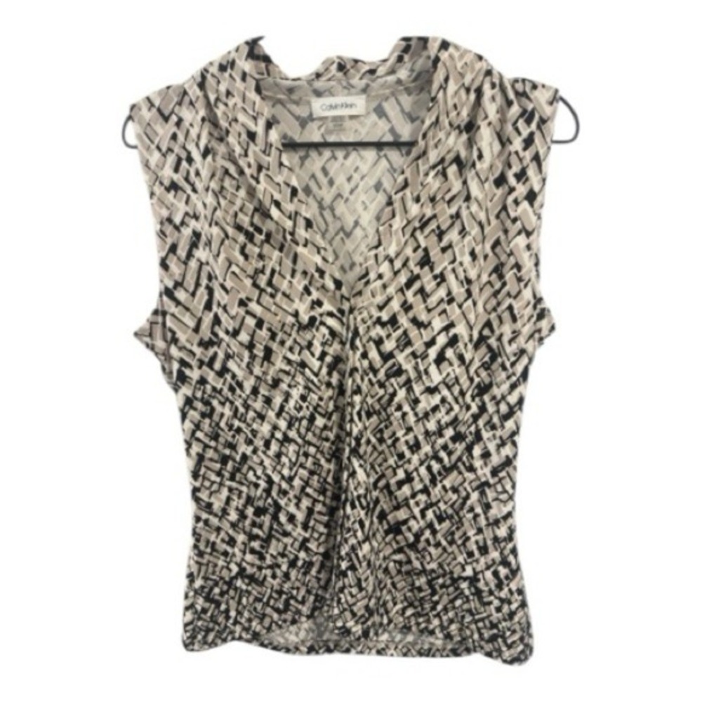 Calvin Klein Black & Cream Geometric Short Sleeve Blouse | Women's S